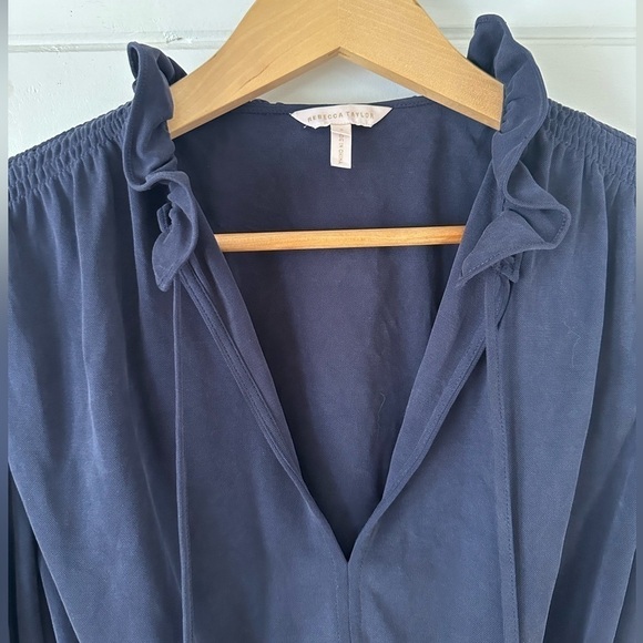 REBECCA TAYLOR Slit V-Neck Navy Long Sleeve Blouse Flattering Romantic Ruffles - Picture 5 of 13
